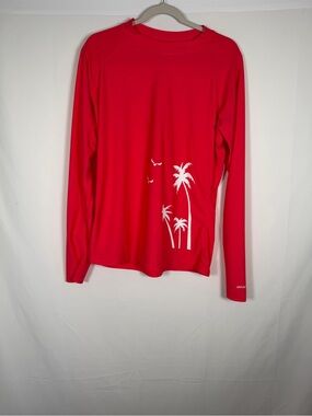 Red Pink Long-Sleeve Swim Rash Guard with White Palm Print UPF 50+